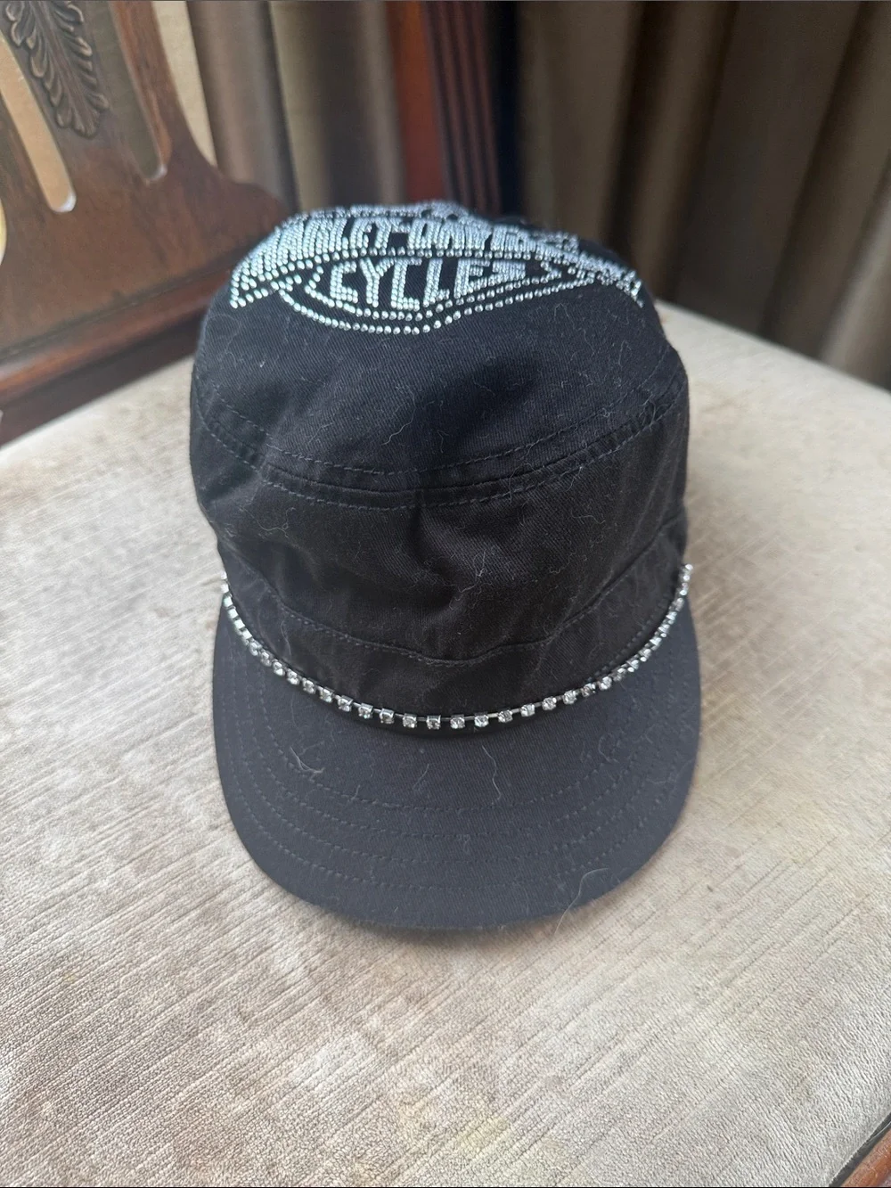 HARLEY DAVIDSON ladies, black rhinestone cat preowned good cond 100% cotton